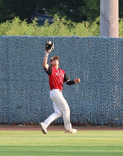 Boissevain Centennials centrefielder Connor Martin (19) hauls in a long drive to the fence by a Brandon Cardinals hitter during Game 2 of their best-of-five South West Baseball League semifinal at Andrews Field on Thursday evening. (Perry Bergson/The Brandon Sun)
July 17, 2025