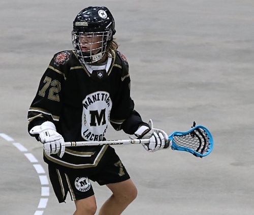Manitoba's Ari Lang of Brandon (72) keeps an eye on the play as his team faced Alberta Indigenous Baggataway Council during under-15 boys action at the Prairie Cup at Westoba Place on Friday afternoon. (Perry Bergson/The Brandon Sun)
July 18, 2025