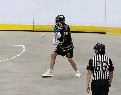 Manitoba's Ari Lang of Brandon (72) gets his stick on the ball against Alberta Indigenous Baggataway Council during under-15 boys action at the Prairie Cup at Westoba Place on Friday afternoon. (Perry Bergson/The Brandon Sun)
July 18, 2025