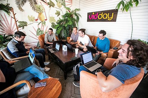 MIKAELA MACKENZIE / FREE PRESS
	
VidDay employees Denis Devigne (left), Jeff Laxson, Rossel Sabourin, Alain Bayer, Kyle Sierens, and William Robinson at Kilter Brewing Co. on Thursday, July 17, 2025. 

For Aaron story.
Winnipeg Free Press 2025