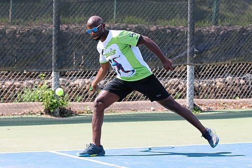 Dennis Jackson prepares to return a shot down the line for a winner against Kelly Bessette and Ida Harrison at the Wheat City Tennis Courts on Saturday morning during the Wheat City Tennis Club's mid-season mashup tournament. Jackson and his partner Kit Harrison won the Wheat bracket, while John Chen and Sheelagh Chadwick took top honours in the City bracket. (Perry Bergson/The Brandon Sun)
July 27, 2025
