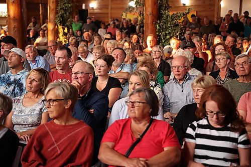 A large crowd fills Danceland in Wasagaming for the Fairness For Clear Lake town hall on Tuesday evening. (Tim Smith/The Brandon Sun)