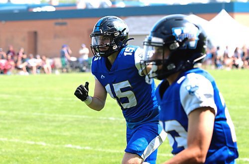 Cornerback Liam Southcombe (15) is shown with the Winnipeg Rifles during a Canadian Junior Football League exhibition game against the Regina Thunder at Vincent Massey’s Doug Steeves Field on Saturday, Aug. 2, 2025. (Perry Bergson/The Brandon Sun)
Aug. 2, 2025
