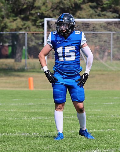 Cornerback Liam Southcombe (15) is shown with the Winnipeg Rifles during a Canadian Junior Football League exhibition game against the Regina Thunder at Vincent Massey’s Doug Steeves Field on Saturday, Aug. 2, 2025. (Perry Bergson/The Brandon Sun)
Aug. 2, 2025
