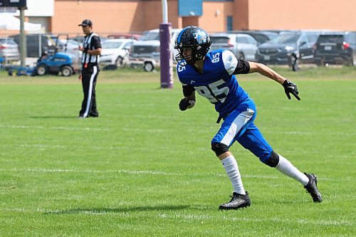 Simon Leckie (85) is shown with the Winnipeg Rifles during a Canadian Junior Football League exhibition game against the Regina Thunder at Vincent Massey’s Doug Steeves Field on Saturday, Aug. 2, 2025. (Perry Bergson/The Brandon Sun)
Aug. 2, 2025