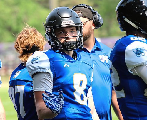 Miles Blatherwick (8) is shown with the Winnipeg Rifles during a Canadian Junior Football League exhibition game against the Regina Thunder at Vincent Massey’s Doug Steeves Field on Saturday, Aug. 2, 2025. (Perry Bergson/The Brandon Sun)
Aug. 2, 2025