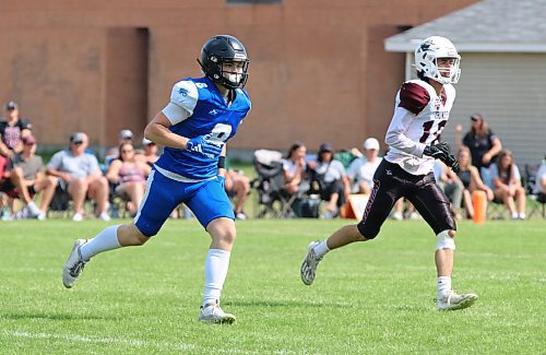 Miles Blatherwick (8) is shown with the Winnipeg Rifles during a Canadian Junior Football League exhibition game against the Regina Thunder at Vincent Massey’s Doug Steeves Field on Saturday, Aug. 2, 2025. (Perry Bergson/The Brandon Sun)
Aug. 2, 2025