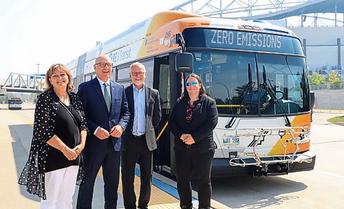 Ruth Bonneville / Free Press 

Local - first 60-foot battery-electric bus

Photo of (L - R),  Councillor Janice Lukes, Chairperson of the Standing,  Mayor Scott Gillingham, Greg Ewankiw Director, Transit and Erin Cooke Erin Cooke Project Manager for Zero Emission Bus program, next to Winnipeg’s first 60-foot battery-electric bus parked next to the stadium Thursday.  

Winnipeg Mayor Scott Gillingham and Winnipeg Transit held press conference and ride-along to the stadium to celebrate being the first Canadian city to put 60-foot battery-electric buses into service.

Story by  JOYANNE

Aug 7th,  2025
