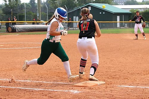Winnipeg Lightning hitter Jenae Russell beats the throw to Smitty's Terminators first baseman Rielle McLeod as shortstop Jillian Matsubara watches during the under-19 western Canadian softball championship final at Ashley Neufeld Softball Complex on Sunday. (Perry Bergson/The Brandon Sun)
Aug. 10, 2025
