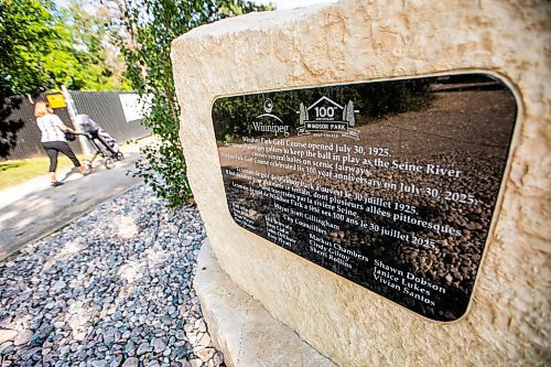 MIKAELA MACKENZIE / FREE PRESS
	
A commemorative plaque and boulder near the first tee at Windsor Park Golf Course, which is celebrating its 100th anniversary, on Wednesday, Aug. 13, 2025. 

For Dave Sanderson story.
Winnipeg Free Press 2025