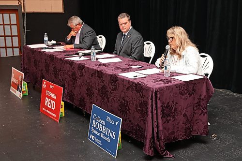 13082025
Colleen Robbins of the PC Party of Manitoba speaks as Ray Berthelette of the NDP and Stephen Reid of the Manitoba Liberal Party listen during the Souris & Glenwood Chamber of Commerce byelection debate at the Avalon Theatre in Souris on Wednesday evening.
(Tim Smith/The Brandon Sun)