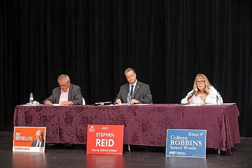 13082025
Colleen Robbins of the PC Party of Manitoba speaks during the Souris &amp; Glenwood Chamber of Commerce byelection debate with Ray Berthelette of the NDP and Stephen Reid of the Manitoba Liberal Party at the Avalon Theatre in Souris on Wednesday evening. 
(Tim Smith/The Brandon Sun)