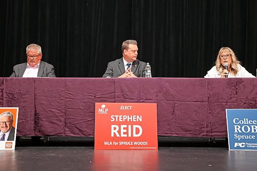 13082025
Colleen Robbins of the PC Party of Manitoba speaks as Ray Berthelette of the NDP and Stephen Reid of the Manitoba Liberal Party listen during the Souris & Glenwood Chamber of Commerce byelection debate at the Avalon Theatre in Souris on Wednesday evening.
(Tim Smith/The Brandon Sun)