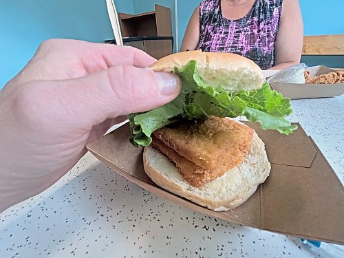 The Beach Hut fish burger — breaded cod on a fresh bun with lettuce and tartar sauce. (Photos by Matt Goerzen/The Brandon Sun)