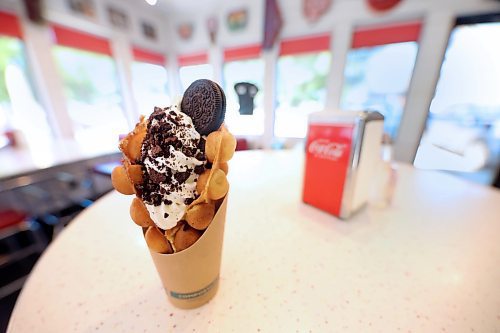 Tastee's Ice Cream & Grill offers up a taste of Hong Kong with its signature Egg Waffle ice cream concoction ъa freshly made waffle that pulls apart in crunchy, puffy "eggs" topped with your choice of soft serve and toppings. This one is made with vanilla soft serve and oreo cookie. (Matt Goerzen/The Brandon Sun)