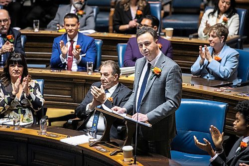 Finance Minister Adrien Sala delivers the budget speech in the legislative chamber at the Manitoba Legislative Building on Thursday. (Mikaela MacKenzie/Winnipeg Free Press)