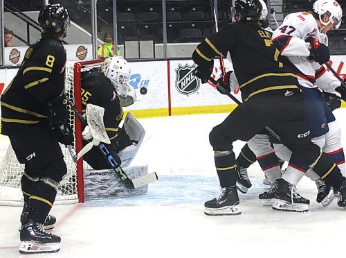 Brandon Wheat Kings rookie goaltender Dylan McFadyen (35) tries to cover the net as the puck flutters over his shoulder for the opening goal during Western Hockey League action at Westoba Place on Friday. Brandon defencemen Quinn Mantei (8) and Charlie Elick (7) plus Regina Pats forward Cameron Kuzmna (47) are also watching the play. McFadyen is in a battle for the backup spot with three other contenders. (Perry Bergson/The Brandon Sun)
Dec. 27, 2024