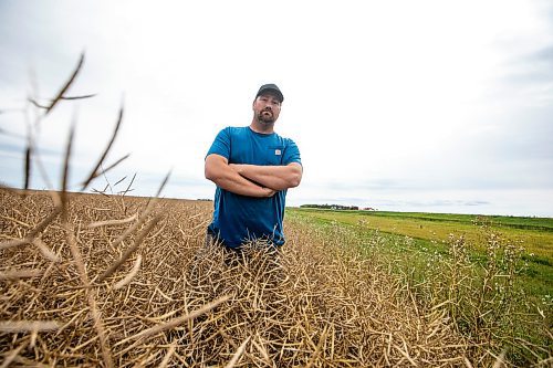 MIKAELA MACKENZIE / FREE PRESS
Dustin Wiens, a grain farmer south of La Salle, in his canola field by the road closure of Floodway Road on Monday, Aug. 25, 2025. The road, which is closed now through to October, will impact the way that he transports his harvest from the fields.
For Aaron story.
Free Press 2025