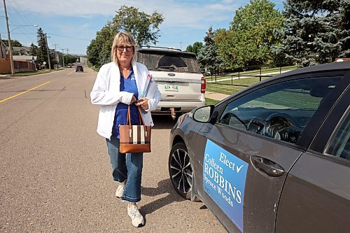 Manitoba Progressive Conservative candidate Colleen Robbins leaves the North End Community Centre in Brandon to head to Oak Lake, Rivers, Alexander and Kemnay to continue door-knocking and meet voters on Monday ahead of Tuesday’s byelection. (Tim Smith/The Brandon Sun)