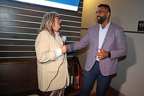 26082025
Progressive Conservative Party of Manitoba candidate Colleen Robbins delivers a victory speech alongside PC leader Obby Khan at the Woodfire Deli in Souris on Tuesday evening after being declared the winner in the Spruce Woods byelection. (Tim Smith/The Brandon Sun)