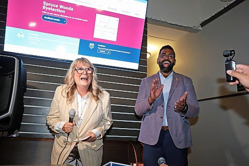 26082025
Progressive Conservative Party of Manitoba candidate Colleen Robbins delivers a victory speech alongside PC leader Obby Khan at the Woodfire Deli in Souris on Tuesday evening after being declared the winner in the Spruce Woods byelection. (Tim Smith/The Brandon Sun)