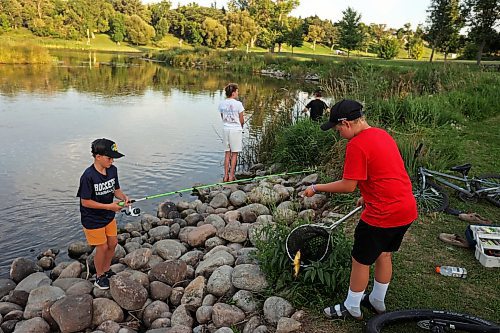 26082025
A group of boys all taking part in the Homegrown Hockey Camp in Souris fish along Plum Creek near where it enters the Souris River in Victoria Park on a warm Tuesday evening. (Tim Smith/The Brandon Sun)
