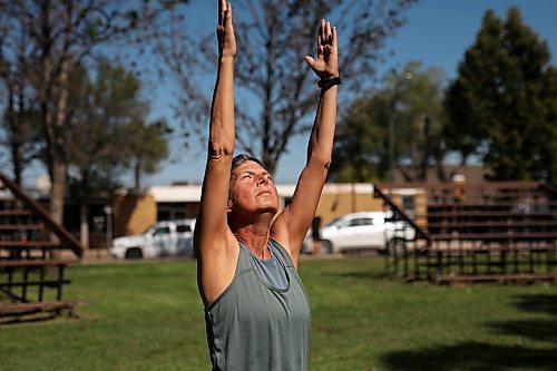 27082025
Terresa Cullen takes part in the last free weekly free Yoga in the Park yoga session of the summer at Princess Park in Brandon on a warm Wednesday. The weekly yoga classes, organized by the BNRC and City of Brandon’s Downtown Ambassador Program, ran for all of July and August. (Tim Smith/The Brandon Sun)