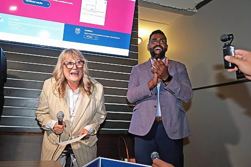 26082025
Progressive Conservative Party of Manitoba candidate Colleen Robbins delivers a victory speech alongside PC leader Obby Khan at the Woodfire Deli in Souris on Tuesday evening after being declared the winner in the Spruce Woods byelection. (Tim Smith/The Brandon Sun)