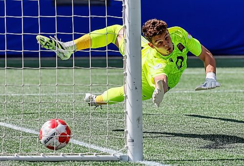 JOHN WOODS / WINNIPEG FREE PRESS
Valour FC’s goaltender Emil Gazdov (99) misses the penalty shot from Pacific FC’s Alejandro Diaz (99) during first half Canadian Premier League action in Winnipeg Sunday, August 31, 2025.
Reporter: ?