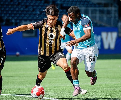 JOHN WOODS / WINNIPEG FREE PRESS
Valour FC’s Gianfranco Facchineri (23) defends against Pacific FC’s Yann Toualy (64) during first half Canadian Premier League action in Winnipeg Sunday, August 31, 2025.
Reporter: ?