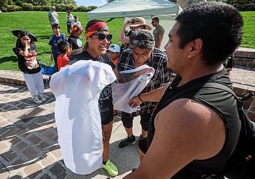 JOHN WOODS / WINNIPEG FREE PRESS
Samantha Powderhorn, is greeted by supporters after running the Hope Movement Walk/Run with her partner Luther Alexander, at the Forks in Winnipeg Sunday, August 31, 2025. Powderhorn and Alexander trekked 768 km from Thompson to raise awareness on addictions and mental health crises in remote northern communities.
Reporter: tyler