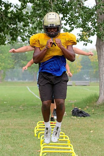 Muqtadir Apena hops over hurdles during Crocus Plainsmen football practice on Tuesday. (Thomas Friesen/The Brandon Sun)
