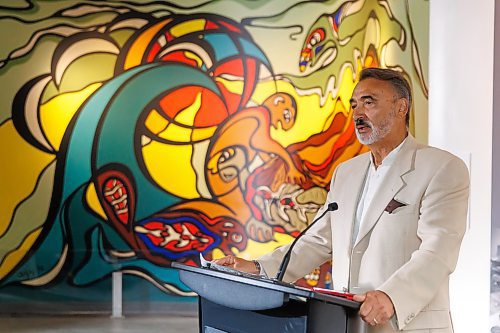 MIKE DEAL / FREE PRESS
Stan Somerville, son of artist Daphne Odjig, speaks during the event.
The Royal Canadian Mint unveils a special two-dollar circulation coin recognizing artist, Daphne Odjig, and her contributions to the transformation of Indigenous art at a ceremony inside the Manitoba Museum in front of a mural she painted in 1972 titled, The Creation of the World.
250904 - Thursday, September 04, 2025.