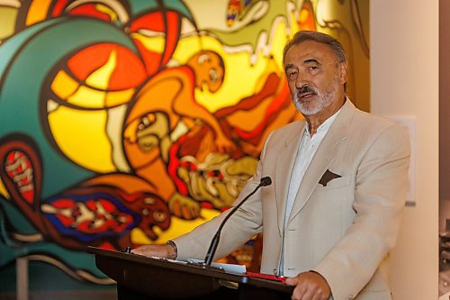 MIKE DEAL / FREE PRESS
Stan Somerville, son of artist Daphne Odjig, speaks during the event.
The Royal Canadian Mint unveils a special two-dollar circulation coin recognizing artist, Daphne Odjig, and her contributions to the transformation of Indigenous art at a ceremony inside the Manitoba Museum in front of a mural she painted in 1972 titled, The Creation of the World.
250904 - Thursday, September 04, 2025.