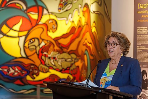 MIKE DEAL / FREE PRESS
Marie Lemay CEO of the Royal Canadian Mint speaks during the unveiling of a special two-dollar circulation coin recognizing artist, Daphne Odjig, and her contributions to the transformation of Indigenous art at a ceremony inside the Manitoba Museum in front of a mural she painted in 1972 titled, The Creation of the World.
250904 - Thursday, September 04, 2025.