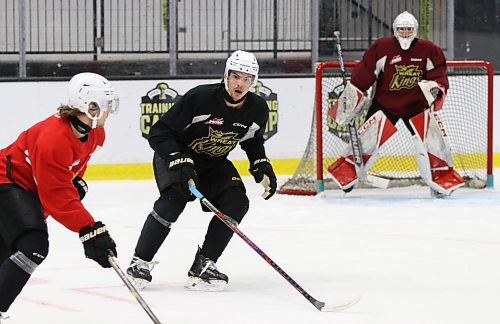 The left-handed Max Lavoie is a defensive defenceman who prides himself on keeping the puck out of his own net. He's shown at practice on Thursday staying between Brandon Wheat Kings forward Joby Baumuller and goalie Joffrey Chan. (Perry Bergson/The Brandon Sun)
Sept. 6, 2025