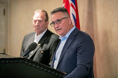 BROOK JONES/FREE PRESS
Federal Agriculture Minister Heath MacDonald (right) makes an agriculture announcement in the Tache Room at the Fort Garry Hotel in Winnipeg, Man., Sunday, Sept. 7, 2025. MacDonald was joined by Provincial Agriculture Minister Ron Kostyshyn for the announcement.