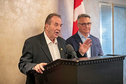 BROOK JONES/FREE PRESS
Provincial Agriculture Minister Ron Kostyshyn (left) makes an agriculture announcement in the Tache Room at the Fort Garry Hotel in Winnipeg, Man., Sunday, Sept. 7, 2025. Kostyshyn was joined by Federal Agriculture Minister Heath MacDonald for the announcement.