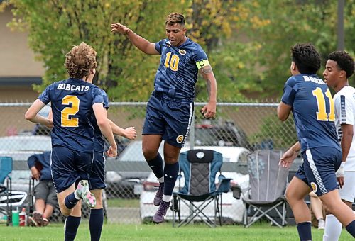 Camilo Rodriguez (10) celebrates one of his four goals during the Brandon University Bobcats men's soccer home opener against the Providence Pilots on Saturday. (Thomas Friesen/The Brandon Sun)