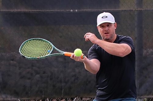 Tim Dornn, in the white cap, and his father Ed, with no hat, face off against the team of Stephanie Dornn — who is Ed's daughter and Tim's sister — and her partner Andrew McGregor in the black cap during the Wheat City Tennis Club's annual Pie Tournament on Saturday. The event involved 16 men's, women's and mixed teams. The North was won by Gilbert Lee and Rick Brugger, the East by Craig Dedrick and Kelly Bessette, the South by Stephanie Dornn and Andrew McGregor and the West by Ed Dornn and Tim Dornn. (Perry Bergson/The Brandon Sun)
Sept. 13, 2025