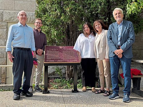 JOHN LONGHURST / FREE PRESS
(l-r) Daniel Stone, chair of the program and events committee for the Jewish Heritage Centre of Western Canada; Harlan Abells, president of the Jewish Heritage Centre of Western Manitoba; Jill Winograd, president of the board of the Asper Jewish Community Campus; Belle Jarniewski, executive director of the Jewish Heritage Centre of Western Manitoba; and Stan Carbonne, staff member at the Jewish Heritage Centre of Western Manitoba; following the unveiling of the plaque honouring Rabbi Israel Isaac Kahanovitch at the Asper Jewish Community Campus.