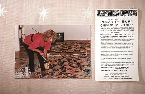 Ruth Bonneville / Free Press
ENT - On My Wall
Copy of photo of artist Carolee Schneemann at work with announcement card on the workshop.
Gilles Hébert, executive director of Plug In, and his suite of four paintings by Carolee Schneemann in his home.
The inaugural edition of On My Wall visits Gilles Hébert, the executive director of Plug In. A look at a suite of four paintings in his home and their significance to him.
REPORTER: Ben Waldman
Sept 4th, 2025