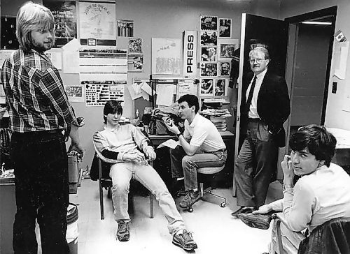 Dirk Aberson seemed to be amused with the antics of young photographers. He documented a mid-1980s moment in time in The Brandon Sun studio/darkroom, when Red River Community College photo students from Winnipeg were on a work experience program.Staff photographer James O'Connor (from left), student Joe Bryksa, staff photographer Greg Southam, business reporter Jeffrey Lewis and another student whose name is unknown. (Dirk Aberson/The Brandon Sun files)