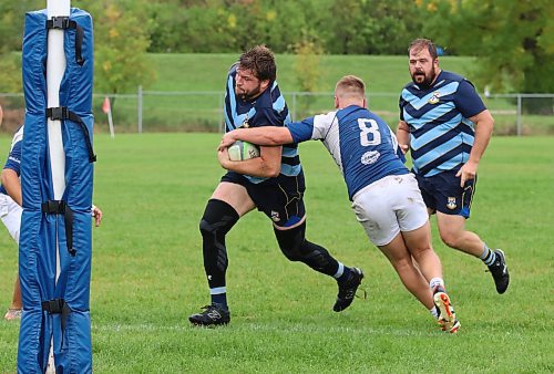 Adam Kowalchuk busts through a tackle attempt by Noah Turton of the Winnipeg Assassins to score a try during Brandon's 46-22 semifinal victory on Saturday at John Reilly Field. (Perry Bergson/The Brandon Sun)
Sept. 20, 2025
