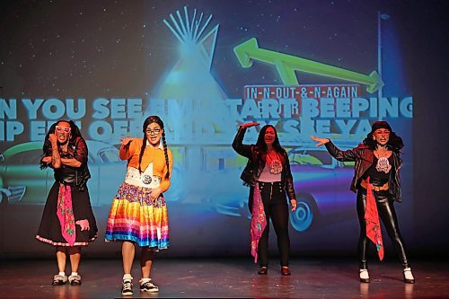 22092025
Cast members in the musical Bear Grease perform at the Aud Theatre in Virden during a matinee show of the musical for students on Monday afternoon. The indigenous take on the classic 1978 musical Grease opened an eastern Canada tour Sunday evening in Virden with their first performance following a two-month off broadway run in New York City, where it earned the recognition of being the longest indigenous off broadway musical run. The musical heads to Winnipeg and then to Canada’s east coast for a series of performances. Bear Grease had its debut at the Edmonton Fringe Festival in 2021. The Aud Theatre opened in Virden in 1912 and was one of the last opera houses of its kind to be built in Manitoba.
(Tim Smith/The Brandon Sun)