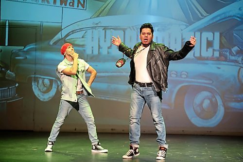 22092025
Cast members in the musical Bear Grease perform at the Aud Theatre in Virden during a matinee show of the musical for students on Monday afternoon. The indigenous take on the classic 1978 musical Grease opened an eastern Canada tour Sunday evening in Virden with their first performance following a two-month off broadway run in New York City, where it earned the recognition of being the longest indigenous off broadway musical run. The musical heads to Winnipeg and then to Canada’s east coast for a series of performances. Bear Grease had its debut at the Edmonton Fringe Festival in 2021. The Aud Theatre opened in Virden in 1912 and was one of the last opera houses of its kind to be built in Manitoba.
(Tim Smith/The Brandon Sun)