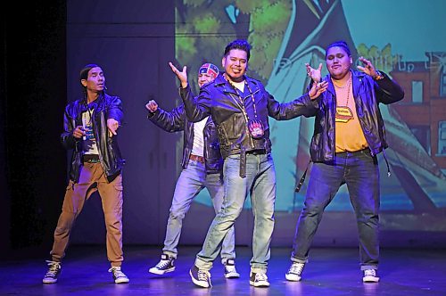 22092025
Cast members in the musical Bear Grease perform at the Aud Theatre in Virden during a matinee show of the musical for students on Monday afternoon. The indigenous take on the classic 1978 musical Grease opened an eastern Canada tour Sunday evening in Virden with their first performance following a two-month off broadway run in New York City, where it earned the recognition of being the longest indigenous off broadway musical run. The musical heads to Winnipeg and then to Canada’s east coast for a series of performances. Bear Grease had its debut at the Edmonton Fringe Festival in 2021. The Aud Theatre opened in Virden in 1912 and was one of the last opera houses of its kind to be built in Manitoba.
(Tim Smith/The Brandon Sun)