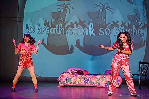 22092025
Haley Robinson, who plays Marty, and Nipîy Iskwew, who plays Jan, perform a song in the musical Bear Grease at the Aud Theatre in Virden during a matinee show of the musical for students on Monday afternoon. The indigenous take on the classic 1978 musical Grease opened an eastern Canada tour Sunday evening in Virden with their first performance following a two-month off broadway run in New York City, where it earned the recognition of being the longest indigenous off broadway musical run. The musical heads to Winnipeg and then to Canada’s east coast for a series of performances. Bear Grease had its debut at the Edmonton Fringe Festival in 2021. The Aud Theatre opened in Virden in 1912 and was one of the last opera houses of its kind to be built in Manitoba.
(Tim Smith/The Brandon Sun)
