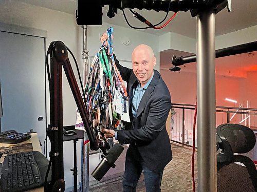 Ruth Bonneville / Free Press
BIZ - Engagify
Portrait of Anders Boulanger with his lanyards he has from the last 15+ years in his studio.
Story on Anders Boulanger, a keynote speaker and magician who runs a marketing consultancy called Engagify.

A selection of photos of Boulanger including: holding his new book, Engage First, Anders with all the lanyards he has from the last 15+ years, and in his studio. 

This is for an upcoming 'Made in Manitoba' article (most likely Oct. 6).

See story by Aaron
Sept 25th, 2025