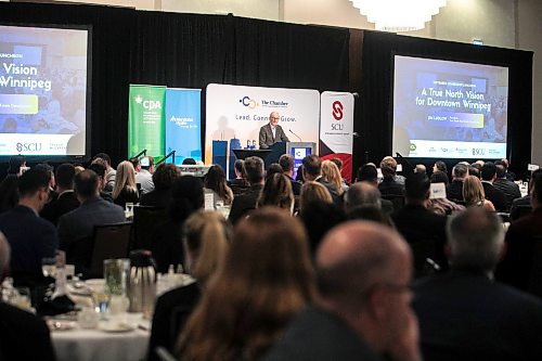 MIKAELA MACKENZIE / FREE PRESS
Jim Ludlow, president of True North Real Estate Development, speaks about True North's vision for downtown at a Winnipeg Chamber of Commerce luncheon at the Delta downtown on Friday, Sept. 26, 2025.
For Joyanne story.
Free Press 2025